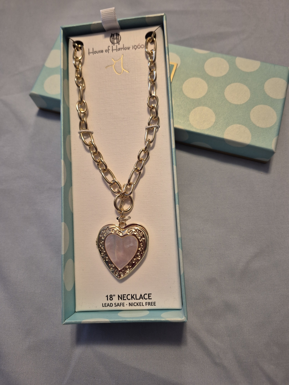 House of Harlow 1960 Gold Mother Of Pearl Heart Locket Center Stone